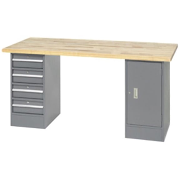 Pedestal Workbench with 4 Drawers & Cabinet - Maple Butcher Block Safety Edge - Gray