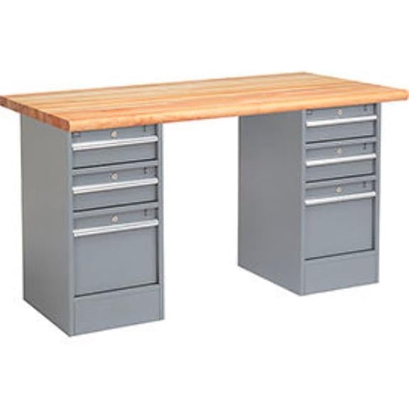 Pedestal Workbench with 6 Drawers, Maple Block Safety Edge - Gray - 72 x 30 in.