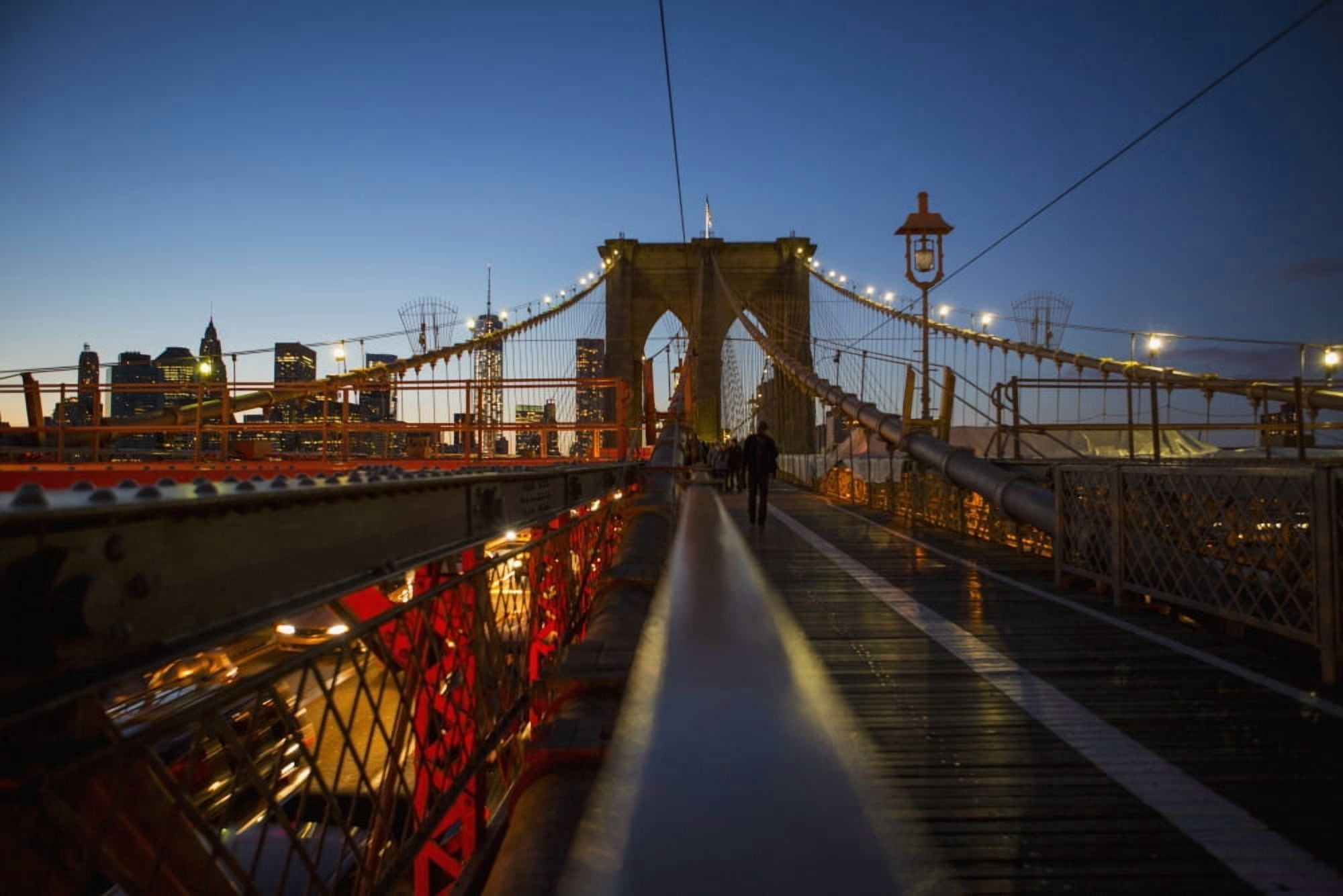 Pedestrian path on Brooklyn Bridge heading into Manhattan at night New York City New York United States of America Canvas Art - Kate Williams Design Pics (38 x 24)