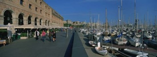 Pedestrian walkway along a harbor Barcelona Catalonia Spain Canvas Art - Panoramic Images (36 x 13)