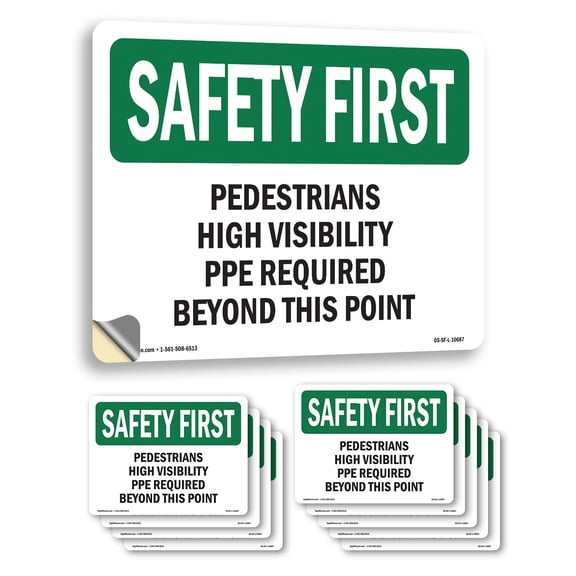 Pedestrians High Visibility PPE Required OSHA SAFETY FIRST Vinyl Decal Label 5 Inch x 3.5 Inch - 10 Pack