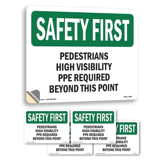 Pedestrians High Visibility PPE Required OSHA SAFETY FIRST Vinyl Decal Label 5 Inch x 3.5 Inch - 5 Pack