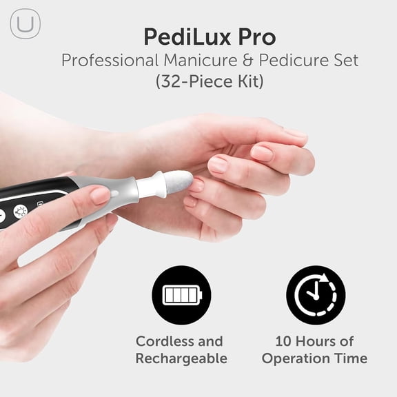 PediLux Pro Professional Cordless Electric Nail File Drill with LED Display, 10 Speed Settings & 32-Piece Kit for Thick Toenails