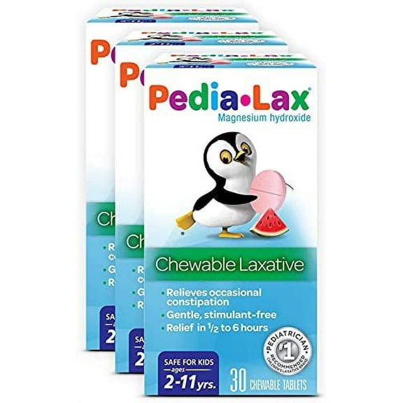 Pedia-Lax Laxative Chewable Tablets for Kids, Ages 2-11, Watermelon Flavor, 30 Count, Pack of 3