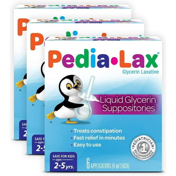 Pedia-Lax Laxative Liquid Glycerin Suppositories for Kids, Ages 2-5, 6 CT, 3 Pack