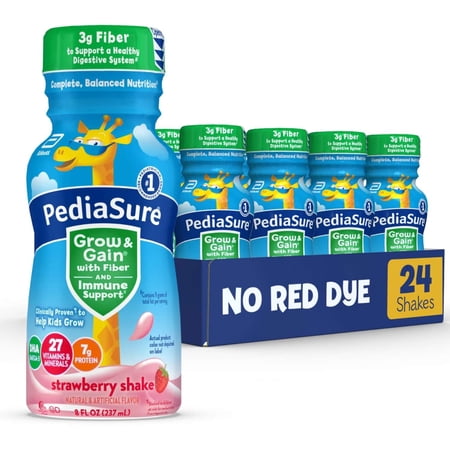 PediaSure Grow & Gain With Fiber & Immune Support, Strawberry, 8-fl-oz Bottle, Pack of 24