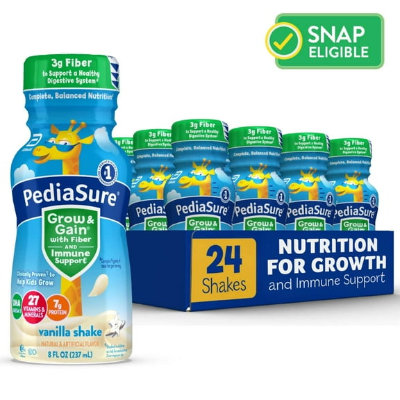 PediaSure Grow & Gain with Fiber & Immune Support, Vanilla, 8-fl-oz Bottle, Pack of 24