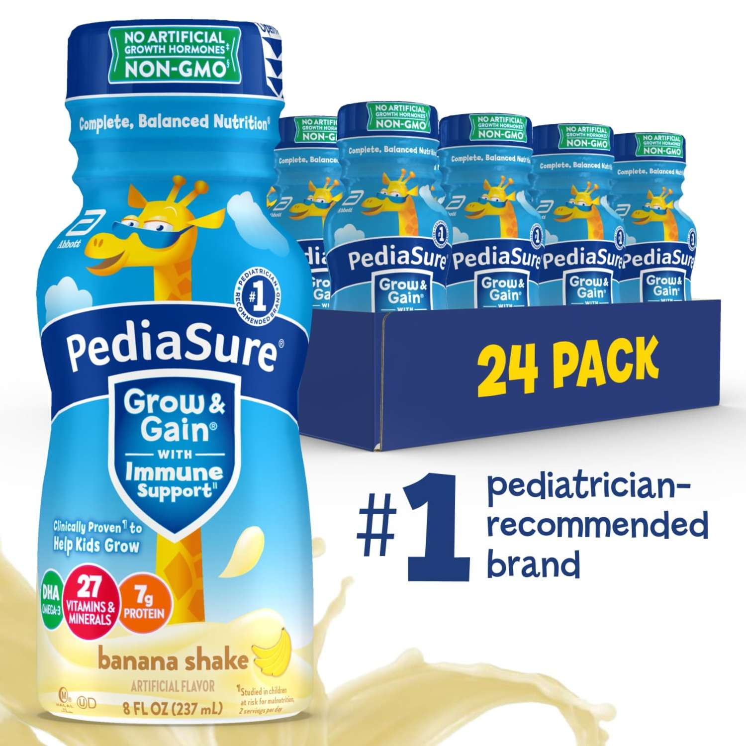 PediaSure Grow & Gain with Immune Support, 7g Protein, Banana, 8-fl-oz Bottle, Pack of 24