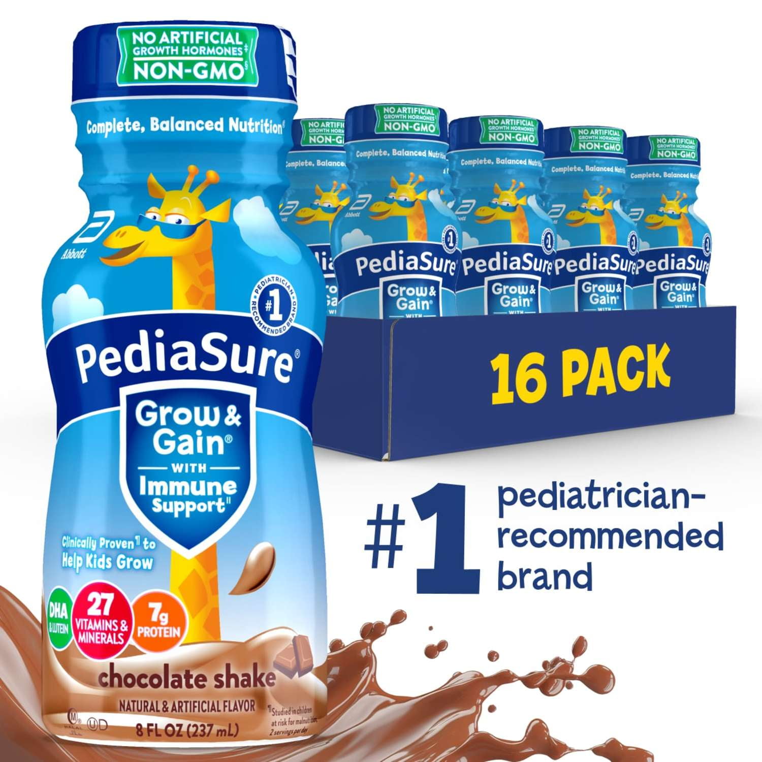 PediaSure Grow & Gain with Immune Support, 7g Protein, Chocolate, 8-fl-oz Bottle, Pack of 16