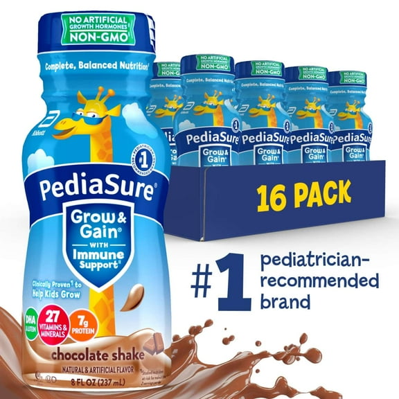 PediaSure Grow & Gain with Immune Support, 7g Protein, Chocolate, 8-fl-oz Bottle, Pack of 16