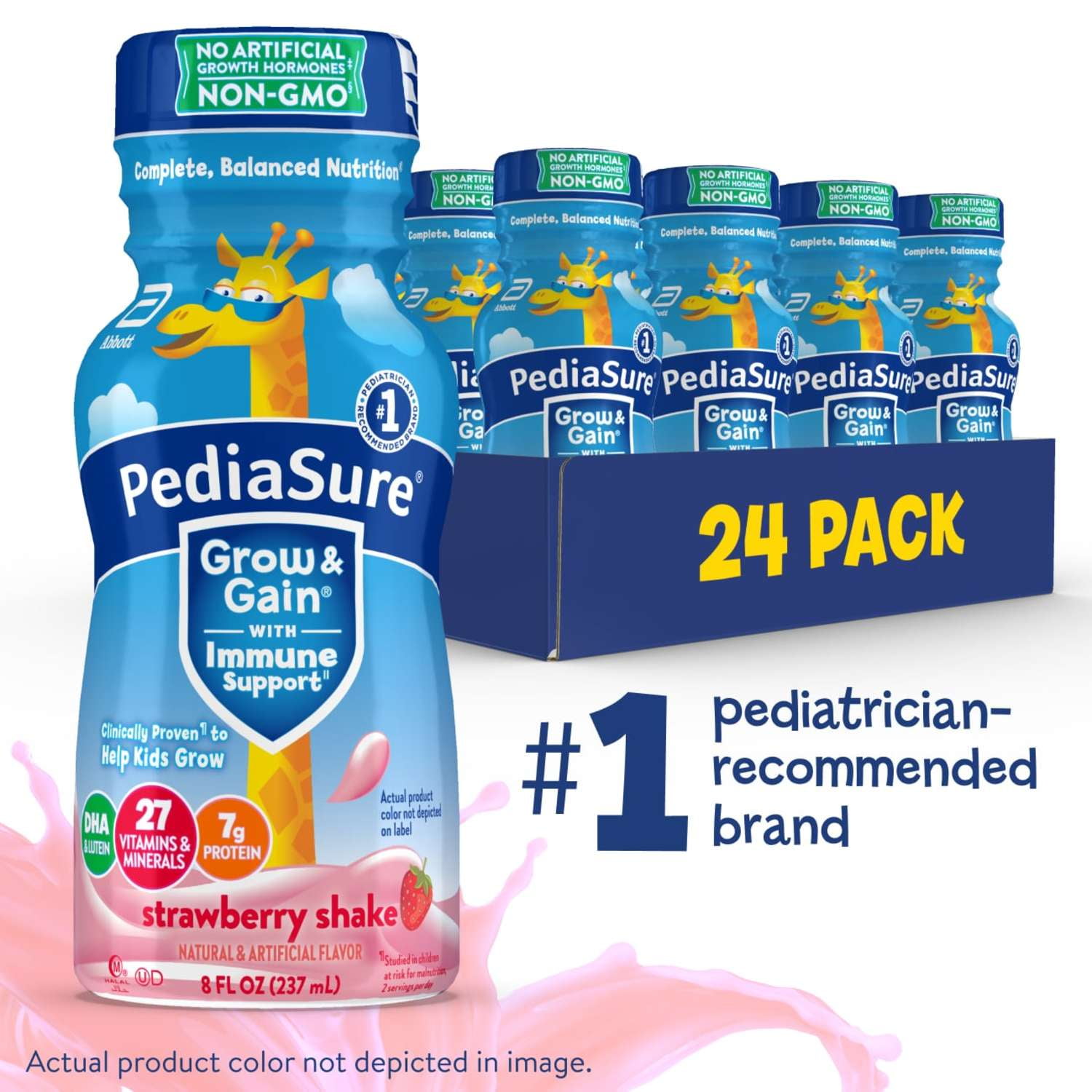 PediaSure Grow & Gain with Immune Support, 7g Protein, Strawberry, 8-fl-oz Bottle, Pack of 24