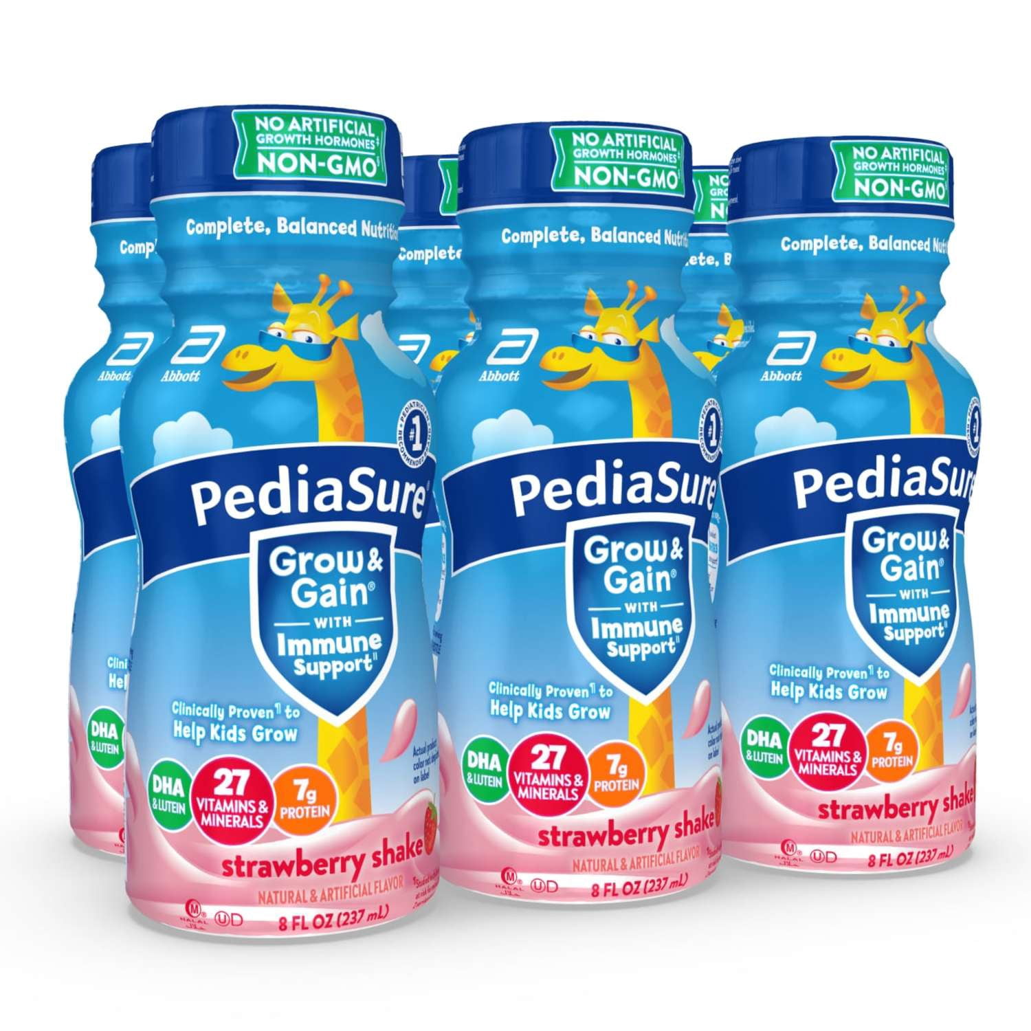 PediaSure Grow & Gain with Immune Support, 7g Protein, Strawberry, 8-fl-oz Bottle, Pack of 6