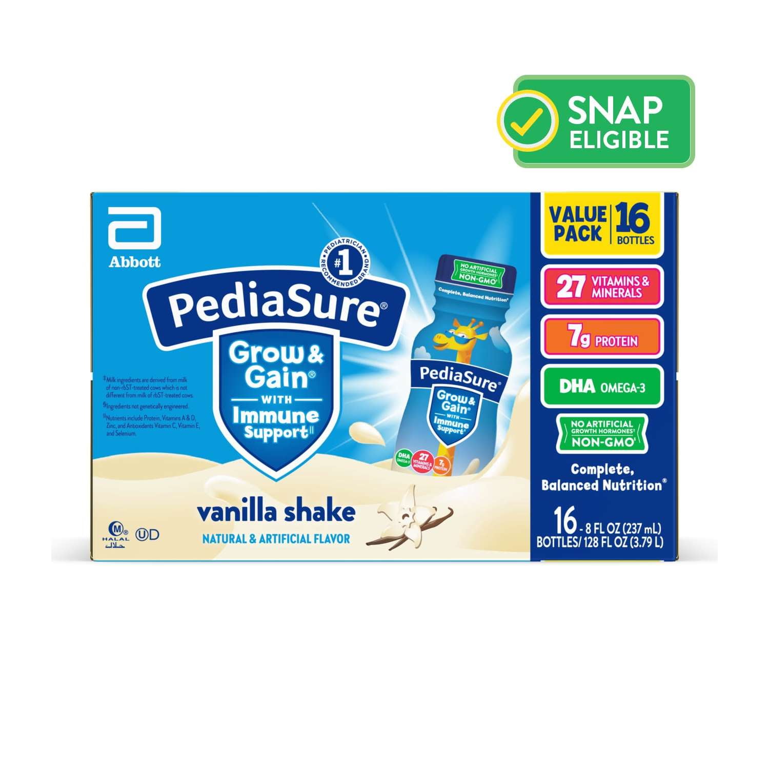 PediaSure Grow & Gain With Immune Support, Vanilla, 8 oz Bottle, 16 Shakes