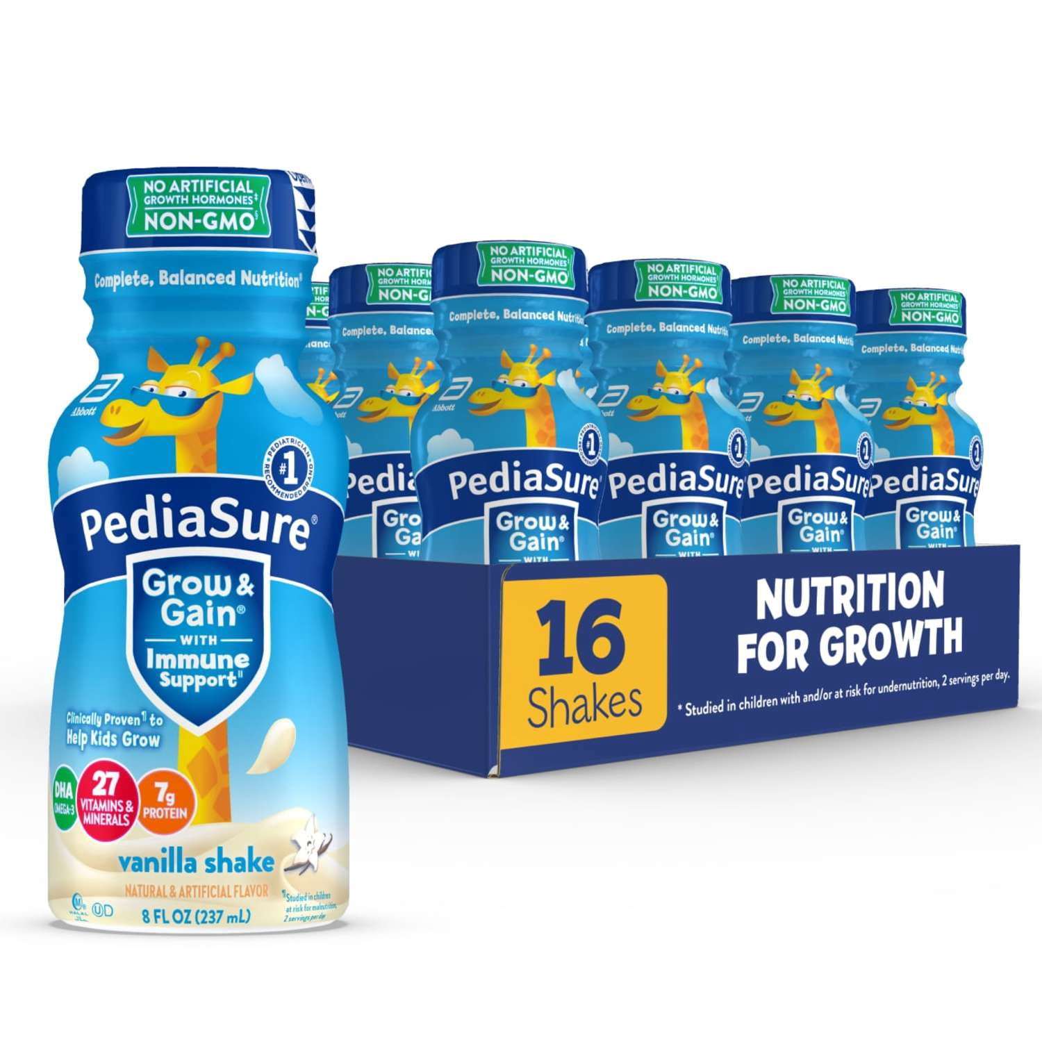 PediaSure Grow & Gain with Immune Support, 7g Protein, Vanilla, 8-fl-oz Bottle, Pack of 16