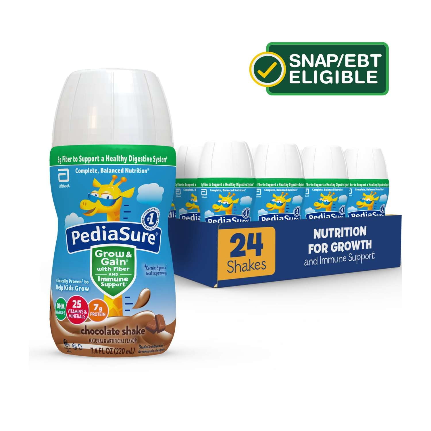 PediaSure Grow & Gain with Fiber & Immune Support, Chocolate, 7.4-fl-oz Bottle, Pack of 24