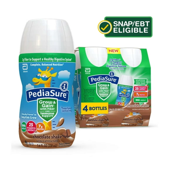 PediaSure Grow & Gain with Fiber & Immune Support, Chocolate, 7.4-fl-oz Bottle, Pack of 4