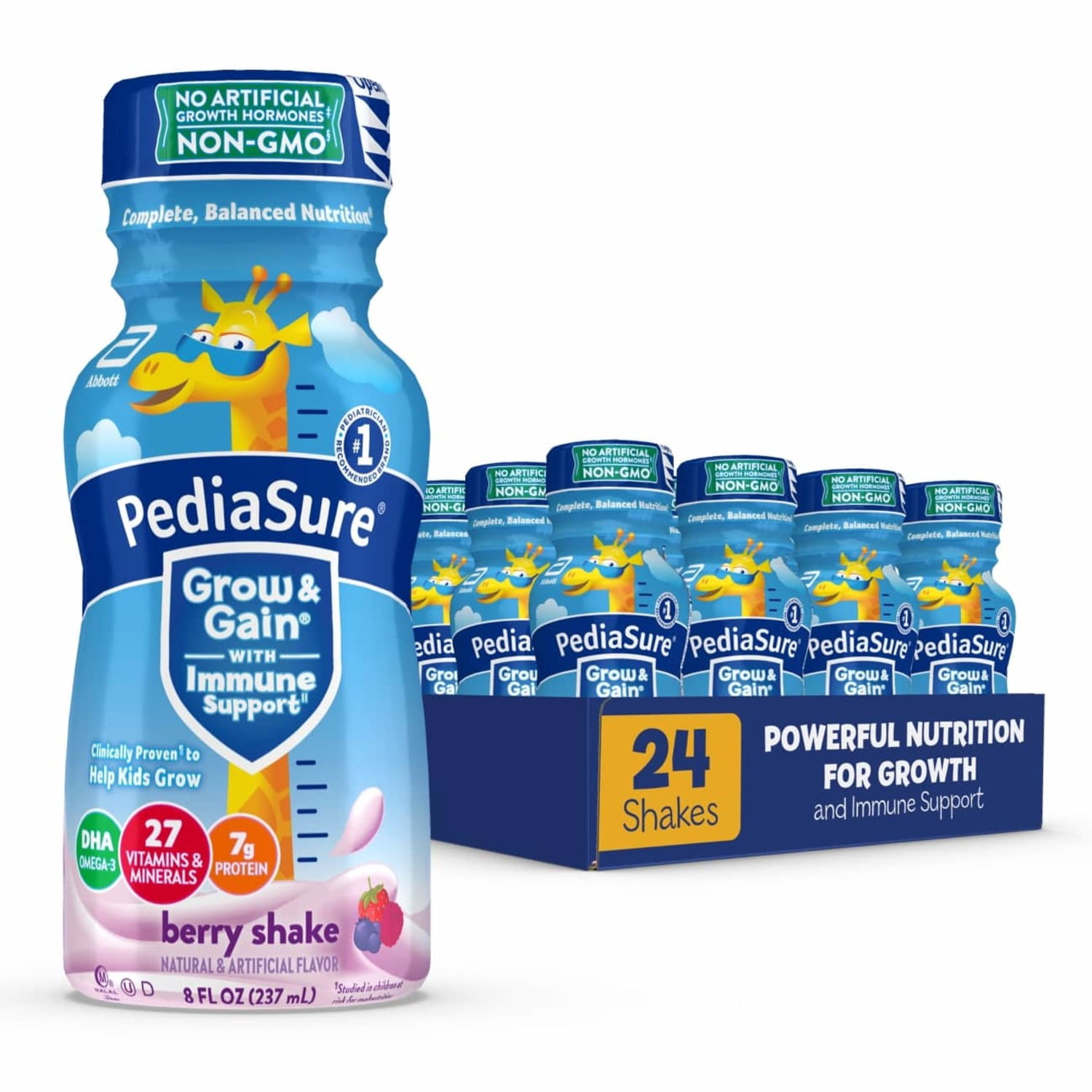 PediaSure Grow & Gain with Immune Support, 7g Protein, Berry, 8-fl-oz Bottle, Pack of 6
