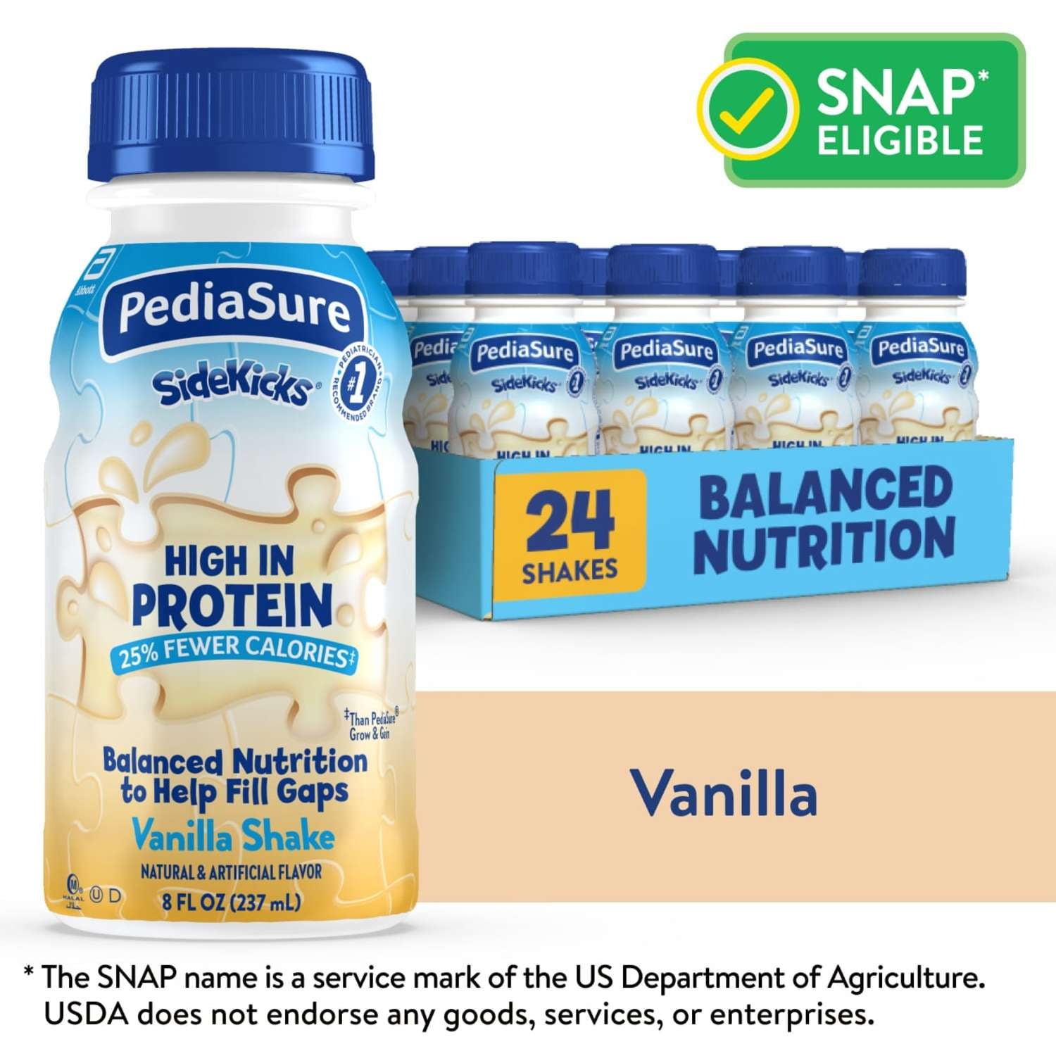 PediaSure SideKicks, Kids Protein Shake, Vanilla, 8-fl-oz Bottle, Pack of 24