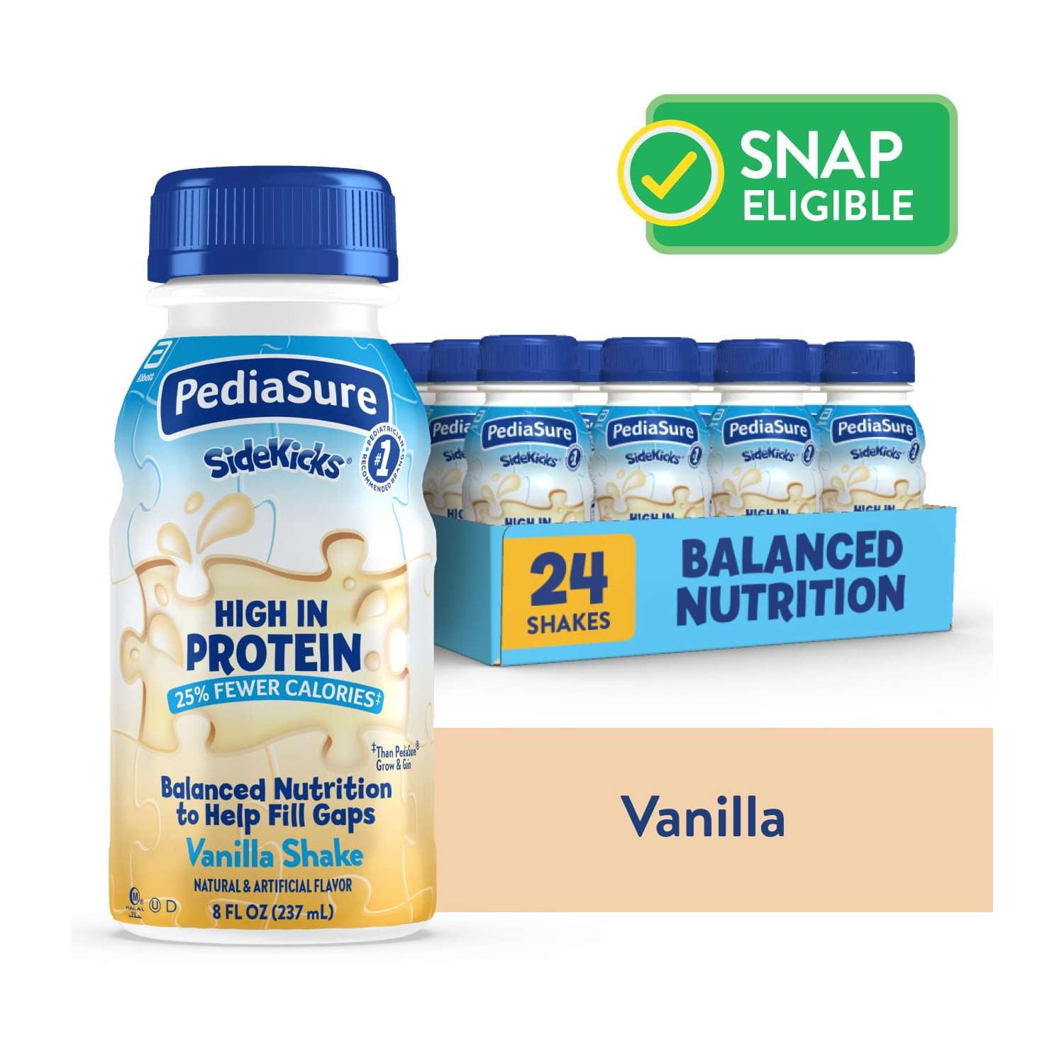 PediaSure SideKicks, Kids Protein Shake, Vanilla, 8-fl-oz Bottle, Pack of 24