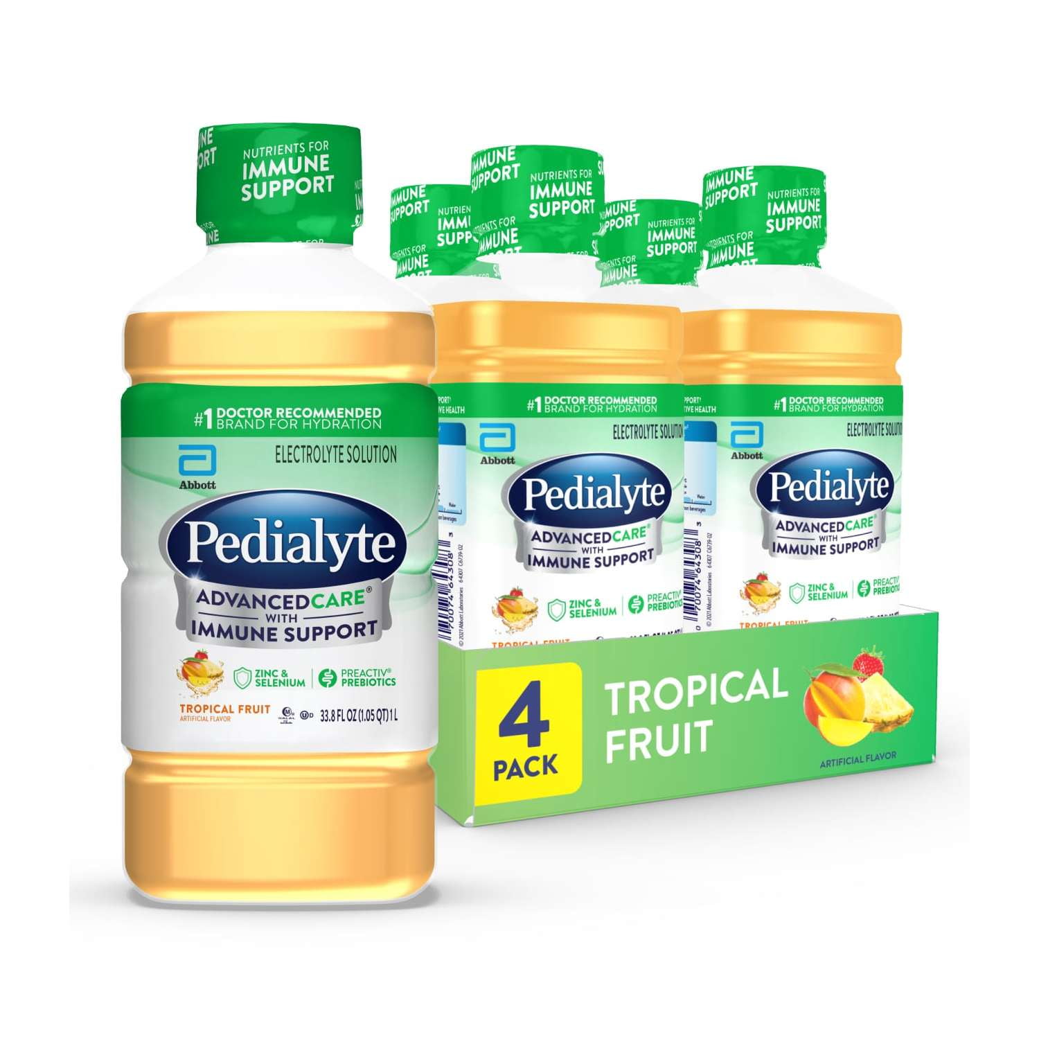 Pedialyte AdvancedCare Electrolyte Solution, Tropical Fruit, 1 Liter, Pack of 4