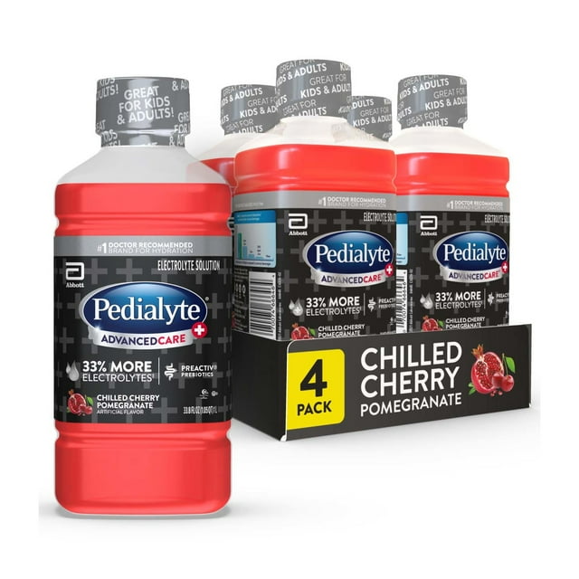 Pedialyte AdvancedCare Plus Electrolyte Drink, Chilled Cherry Pomegranate, 1 Liter, Pack of 4
