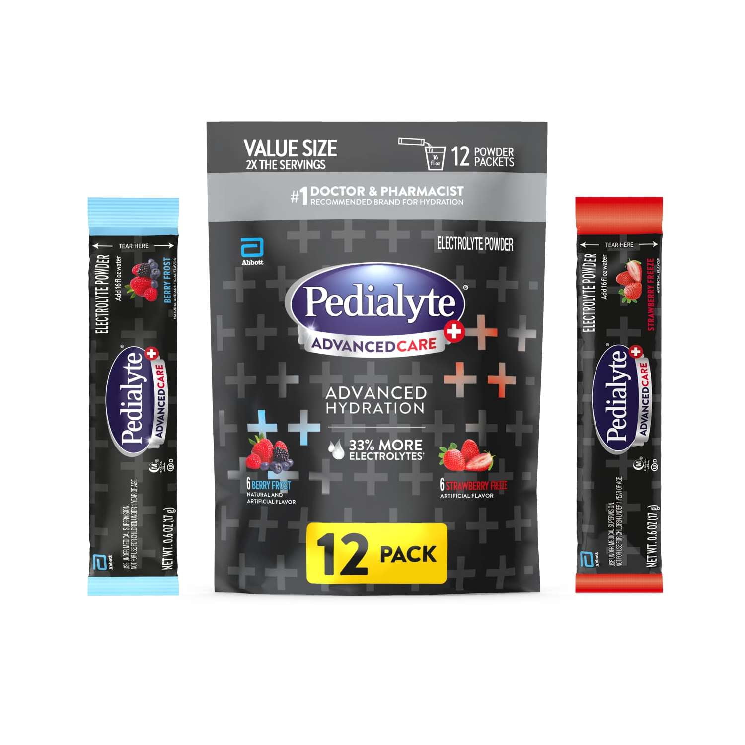 Pedialyte AdvancedCare Plus Electrolyte Powder, Variety Pack: Berry Frost and Strawberry Freeze, 12 Powder Packets