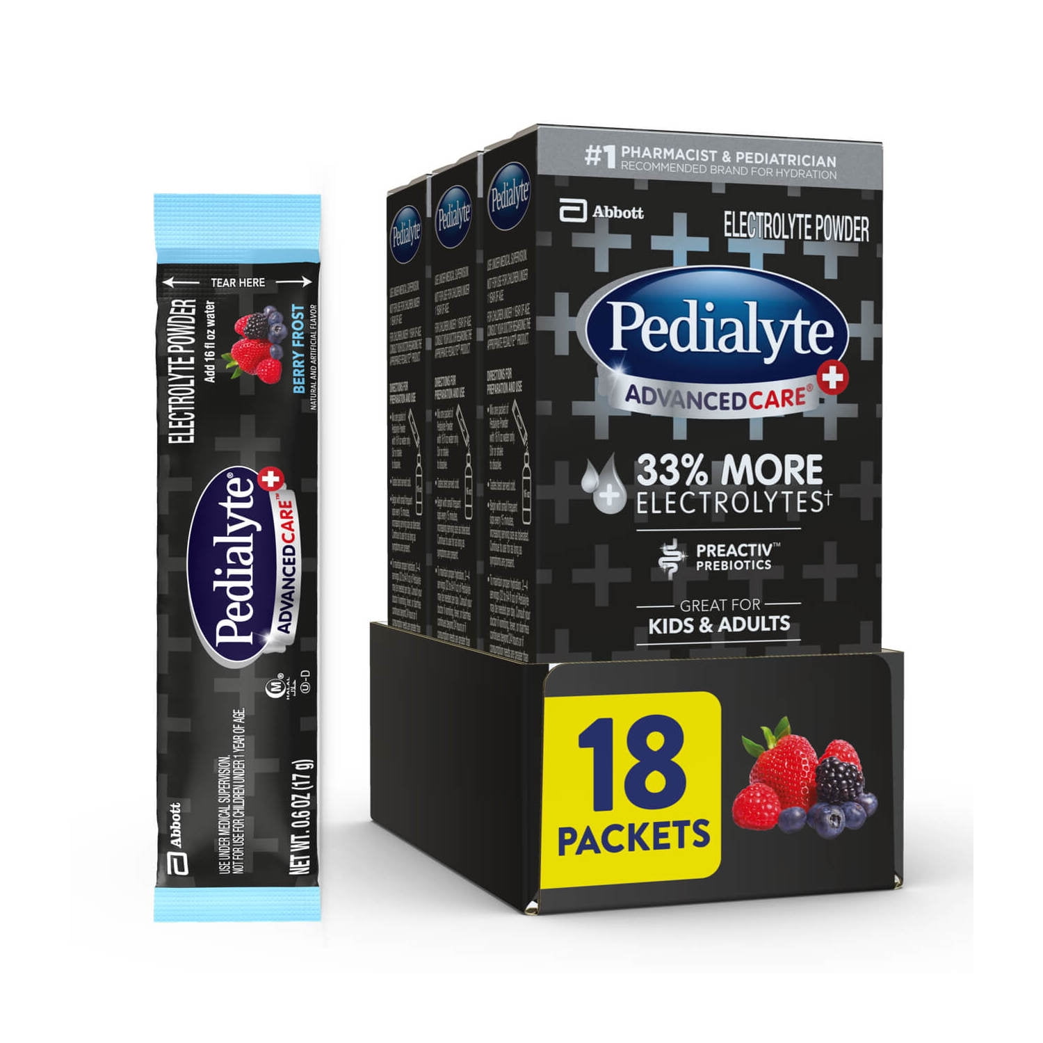 Pedialyte AdvancedCare Plus Electrolyte Powder, Berry Frost, 18 Powder Packets