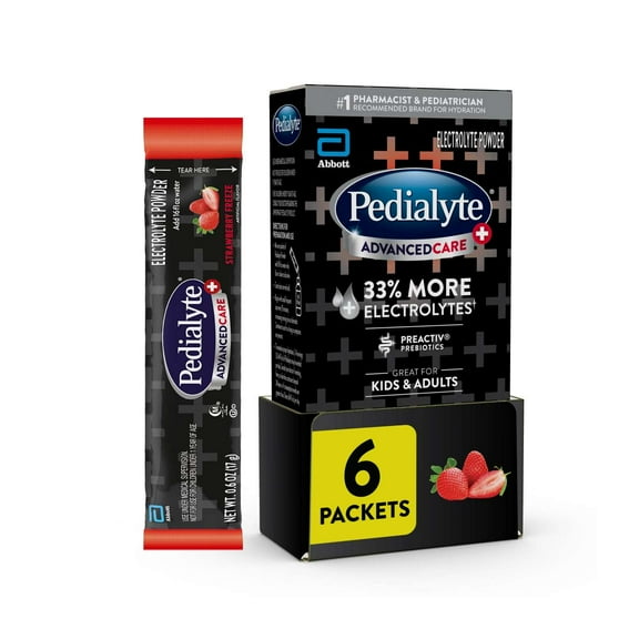 Pedialyte AdvancedCare Plus Electrolyte Powder, Strawberry Freeze, 6 Powder Packets