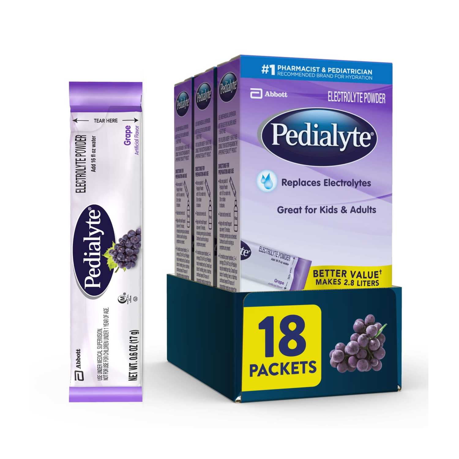 Pedialyte Electrolyte Powder Packets, Grape, Hydration Drink, 18 Single-Serving Powder Packets