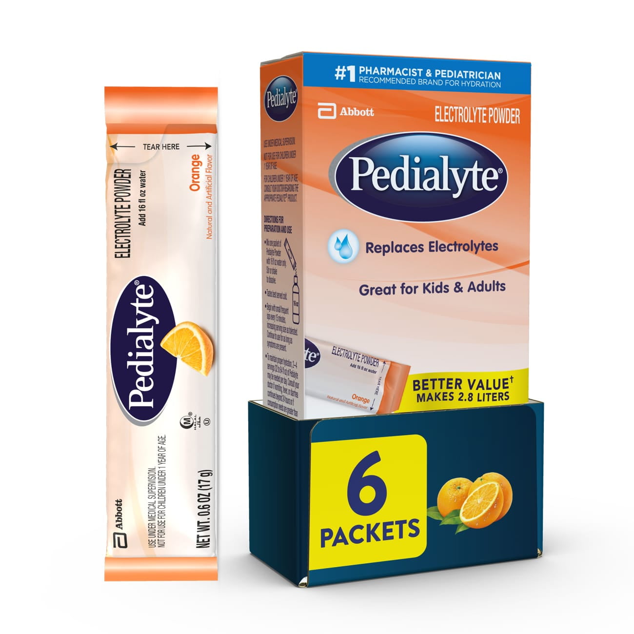 Pedialyte Electrolyte Powder Packets, Orange, Hydration Drink, 6 Single