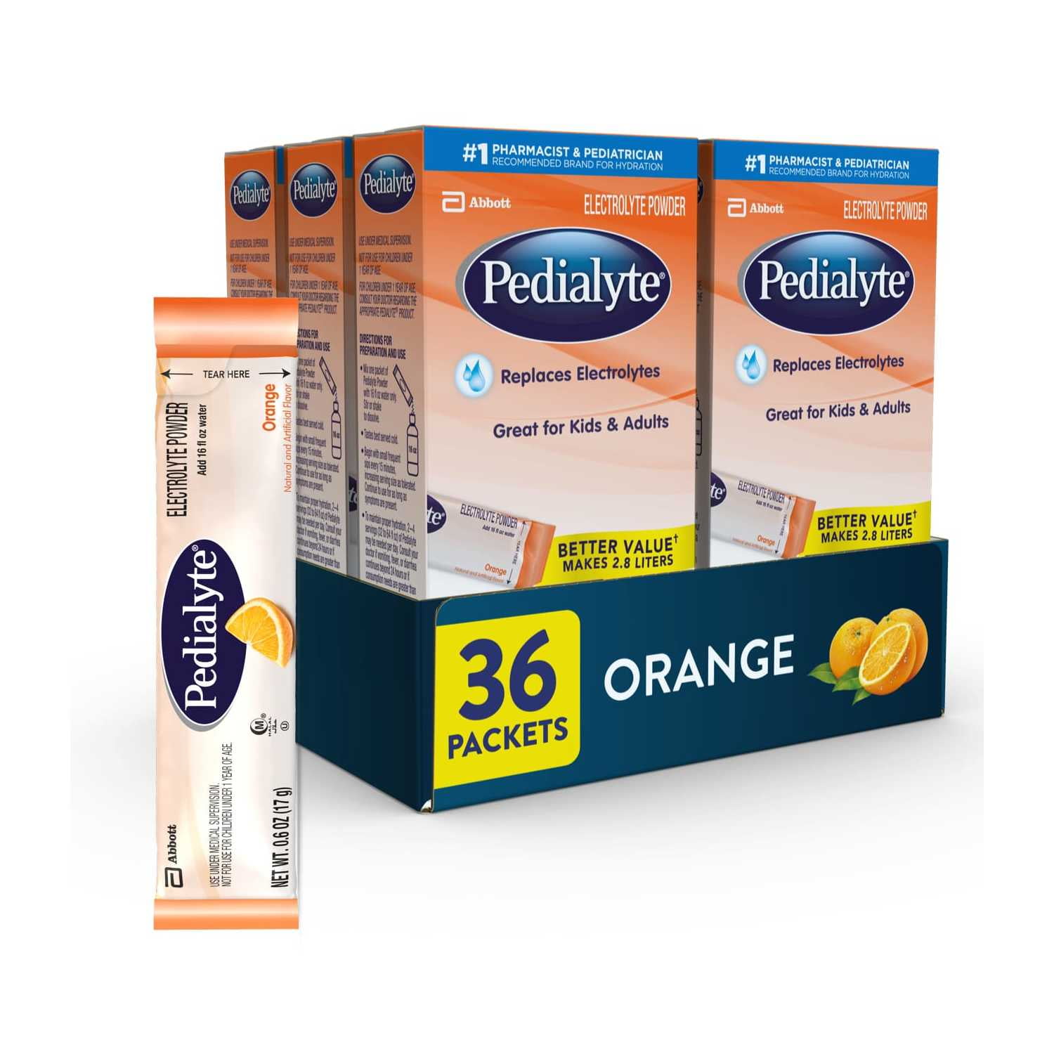 Pedialyte Electrolyte Powder Packets, Orange, Powder Packets, 36 Count