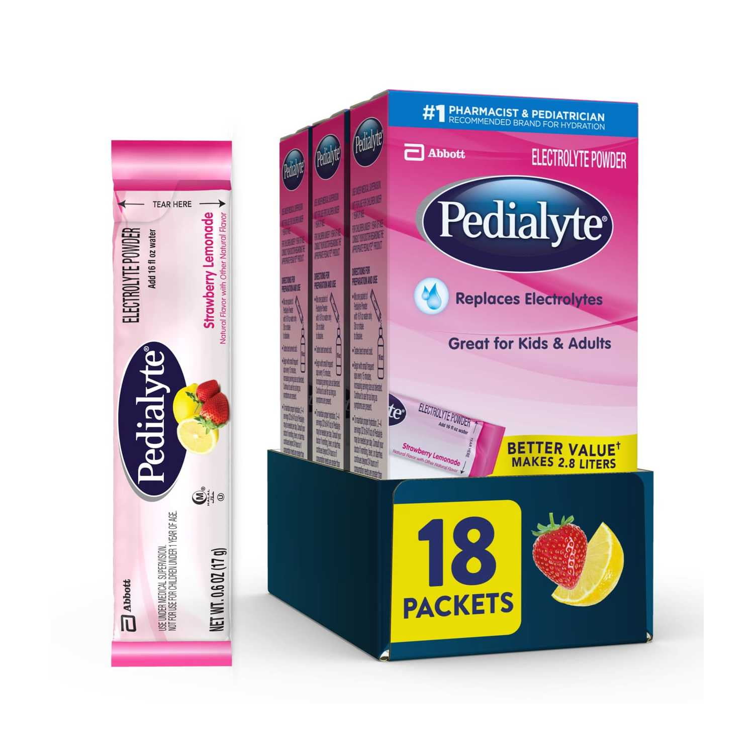 Pedialyte Electrolyte Powder Packets, Strawberry Lemonade, 18 Powder Packets