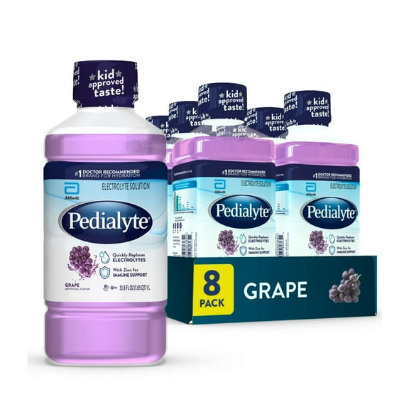 Pedialyte Electrolyte Drink, For Kids & Adults, Grape, 1 Liter, Pack of 8