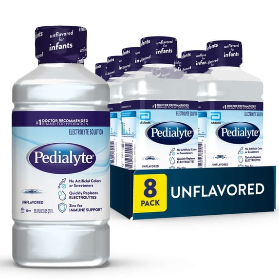 Pedialyte Electrolyte Drink, For Kids & Adults, Unflavored, 1 Liter, Pack of 8