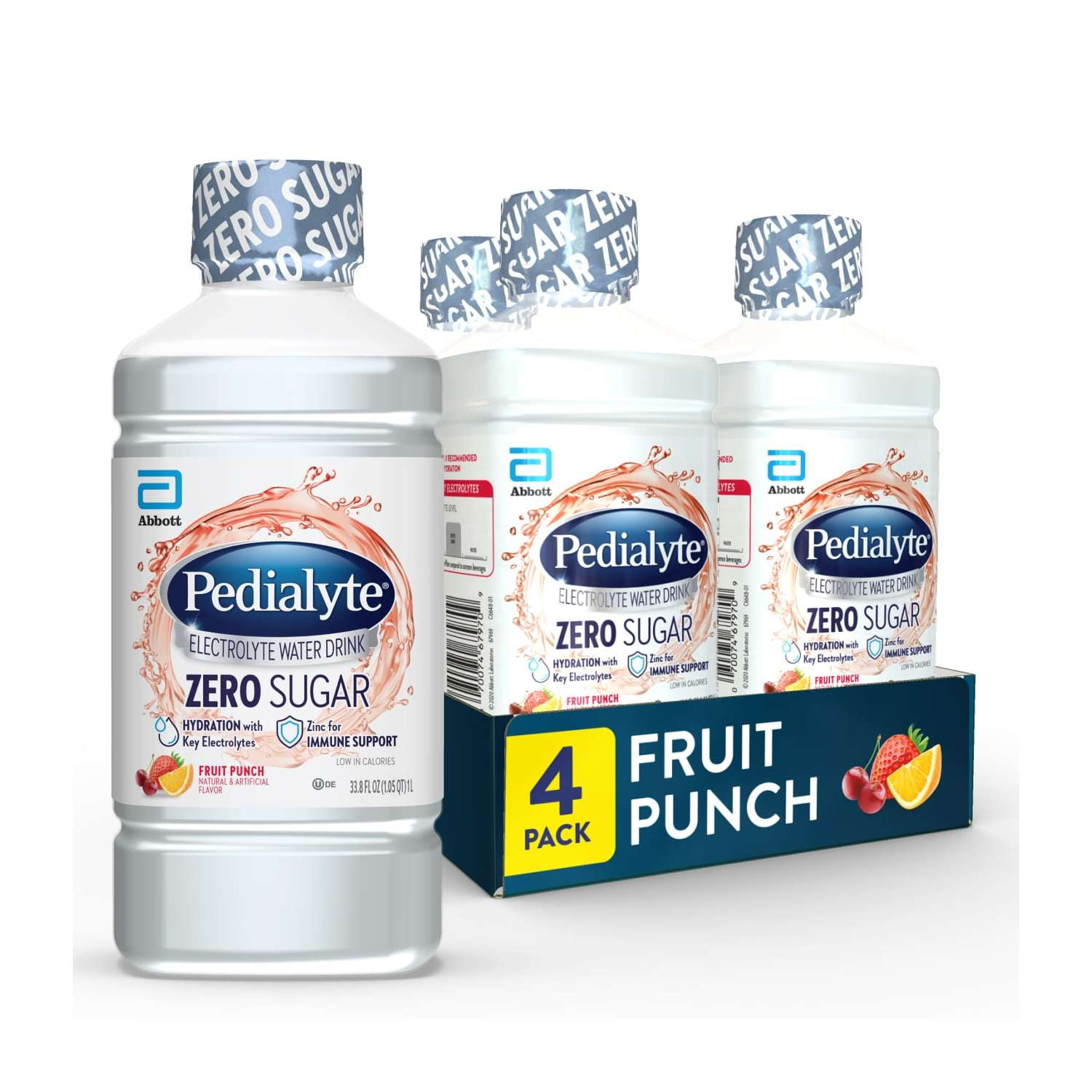Pedialyte Electrolyte Water With Zero Sugar, Fruit Punch, 1 Liter, Pack of 4