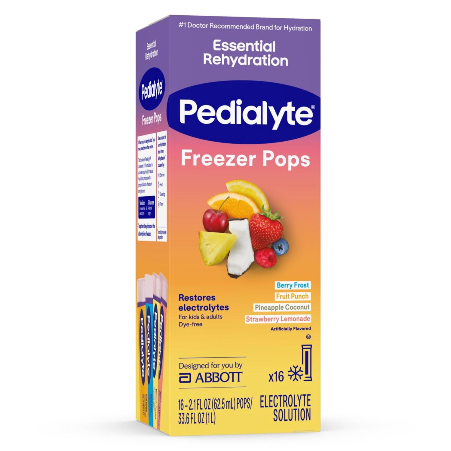 Pedialyte Electrolyte Solution Freezer Pops, Variety Pack, Pack of 16