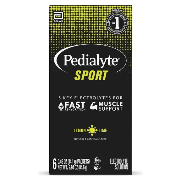 Pedialyte Sport Electrolyte Powder, Fast Hydration with 5 Key Electrolytes for Muscle Support Before, During, & After Exercise, Lemon Lime, 0.6-oz Packets (6 Count)