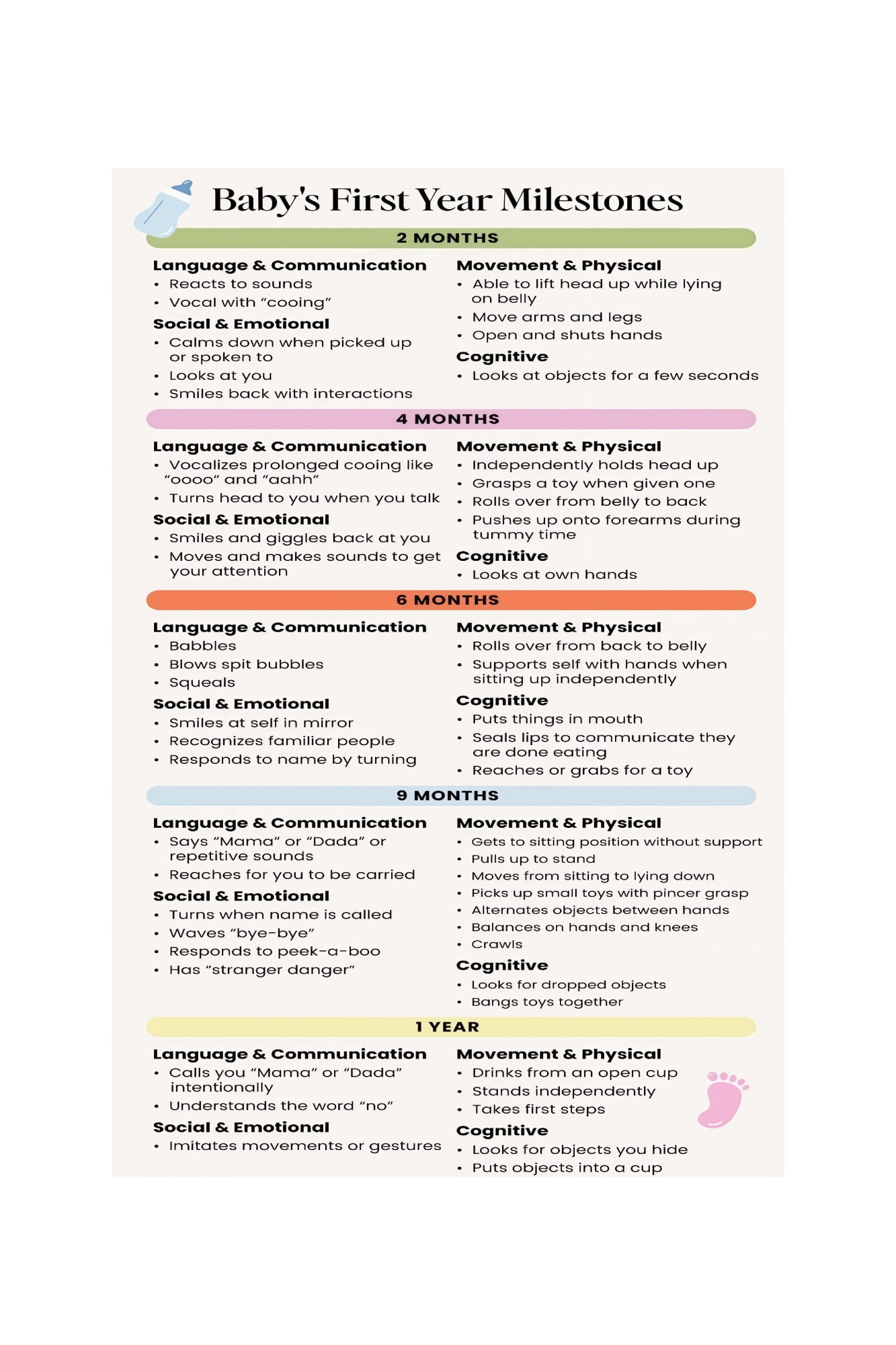 Pediatric Milestones Poster Comprehensive Baby First Year Development ...