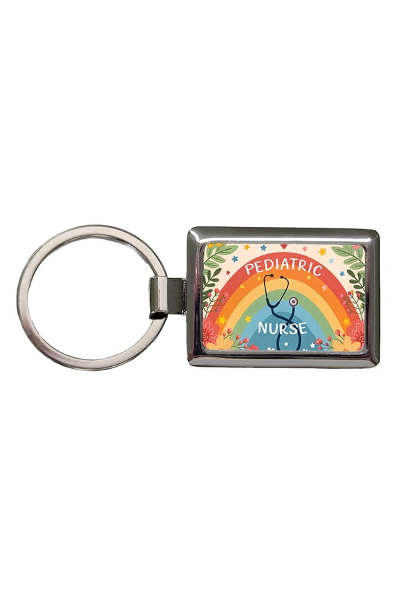 Pediatric Nurse Appreciation Stethoscope Flowers Metal Rectangle Keychain