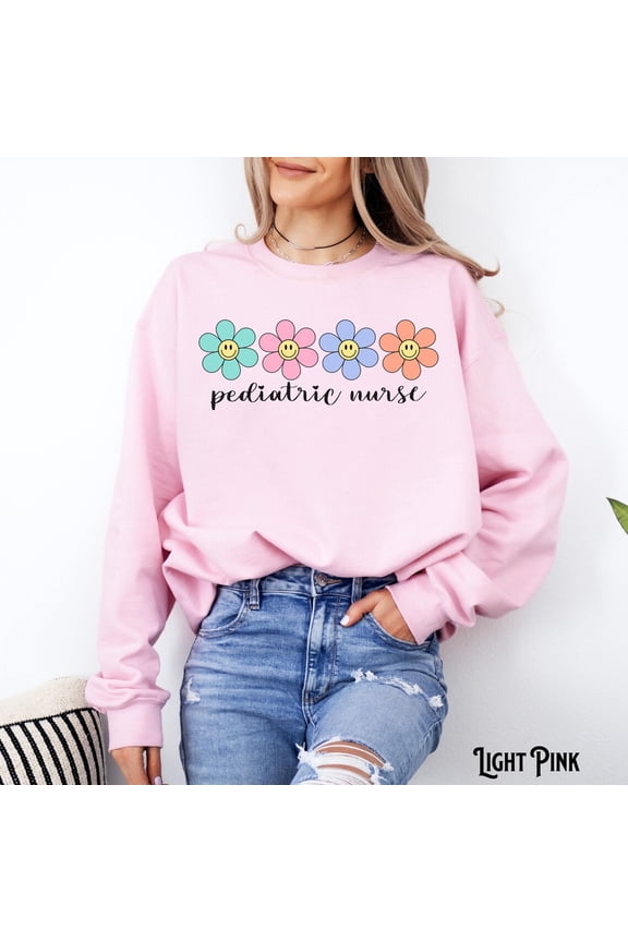 Pediatric Nurse Sweatshirt, Peds Nurse Sweater, Pediatrics Floral Crewneck, Picu Nurse, Rn, Happy Face Sweatshirt, Spring, Pediatrics SWEATSHIRT All Size S-5XL
