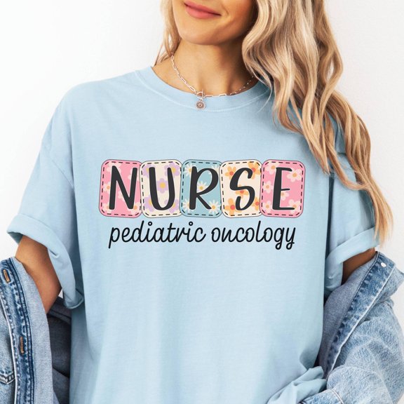 Pediatric Oncology T Shirt PEDS ONC Nurse Doctor Crew Daisy Blocks RN Cancer Nurse Tee Hem