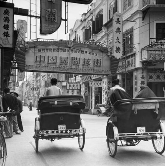 Pedicabs in a market street Avenida de Almeida Ribeiro Macao China Canvas Art - (18 x 24)