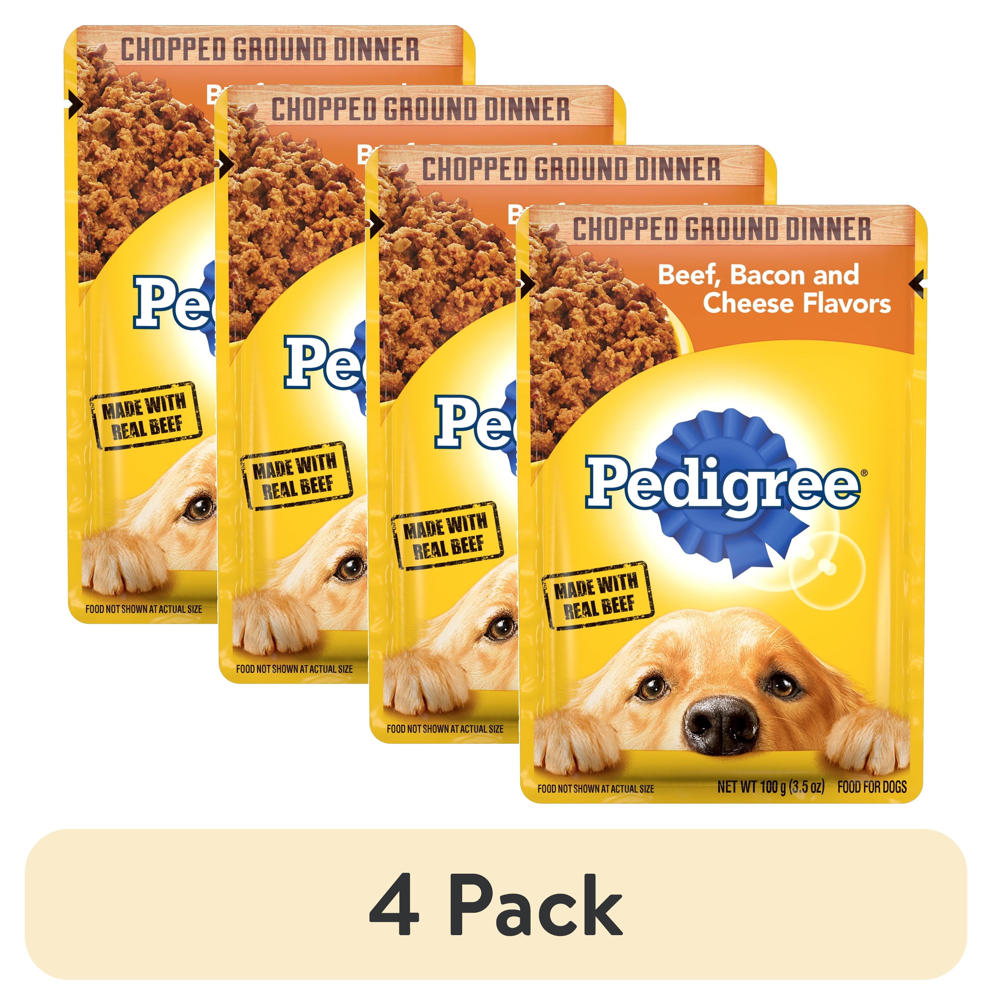 4 pack Pedigree Chopped Ground Dinner Beef Bacon And Cheese Flavors Wet Dog Food 3.5 Oz Pouch