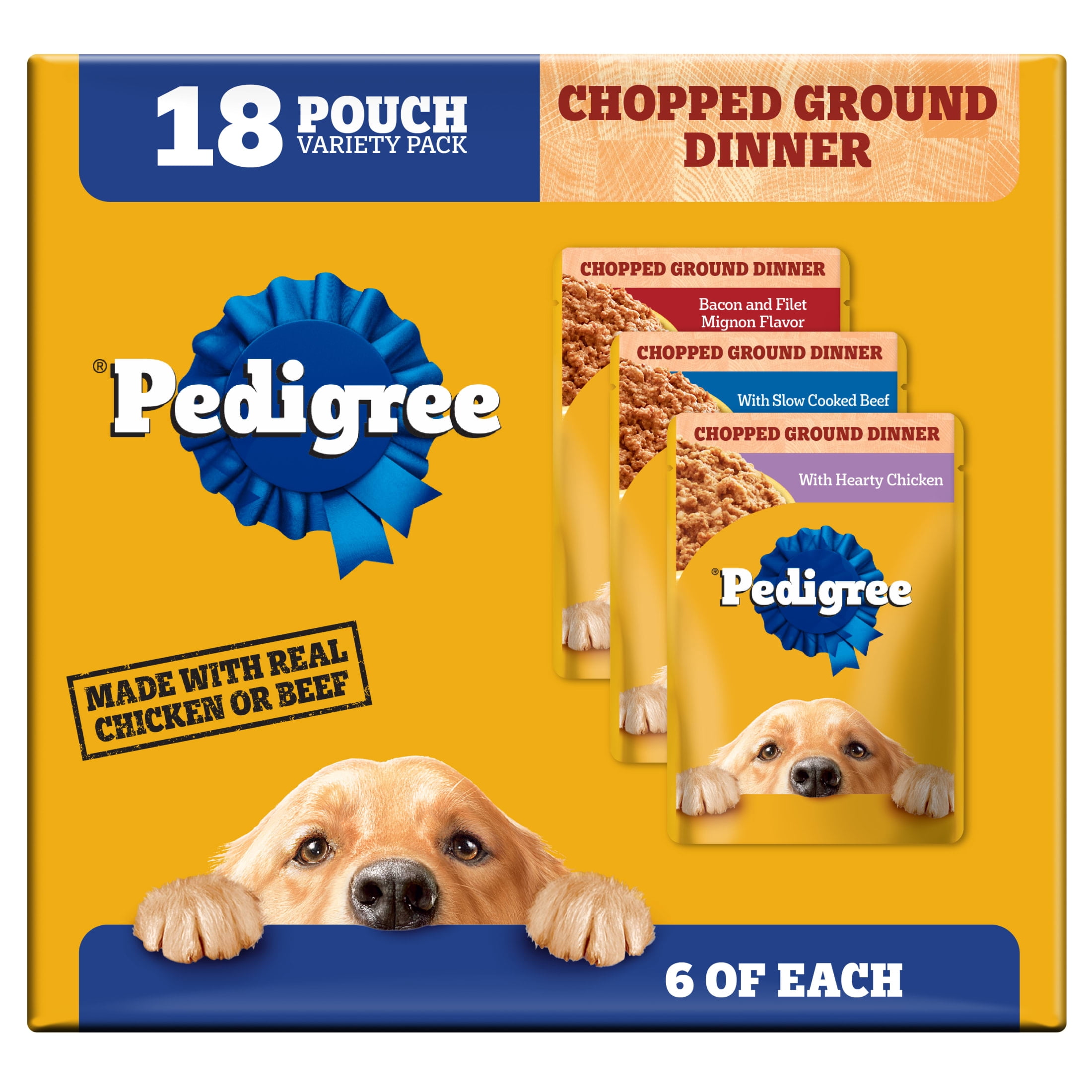 Pedigree Chopped Ground Dinner Slow Cooked Beef Variety Pack Wet Dog Food, (18) 3.5 Oz Pouches