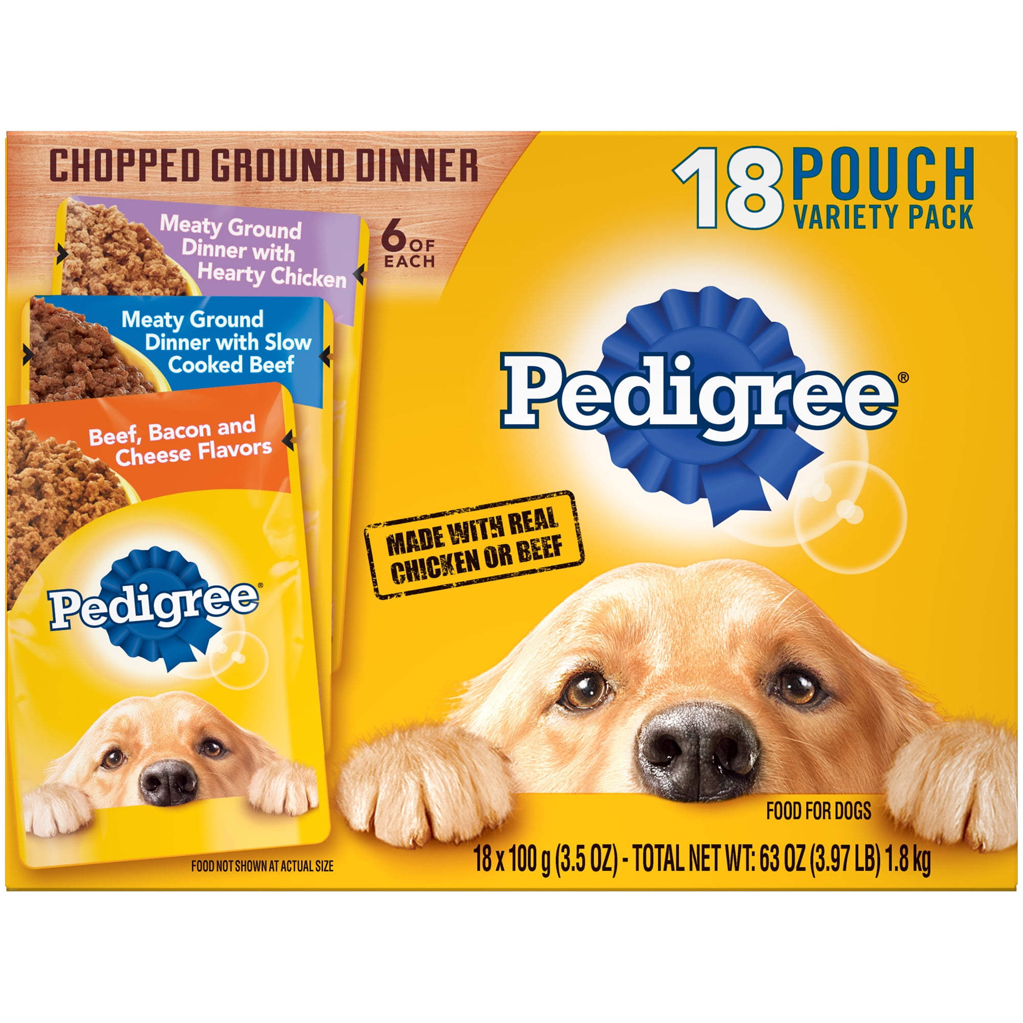 Pedigree Chopped Ground Dinner Adult Wet Dog Food Hearty Chicken Meaty Cheese Variety Pack 3.5 Oz Pouches 18 Pack Walmart