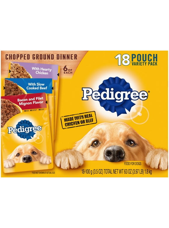 Pedigree Chopped Ground Dinner Wet Dog Food Variety Pack, 3.5 oz Pouches (18 Pack)