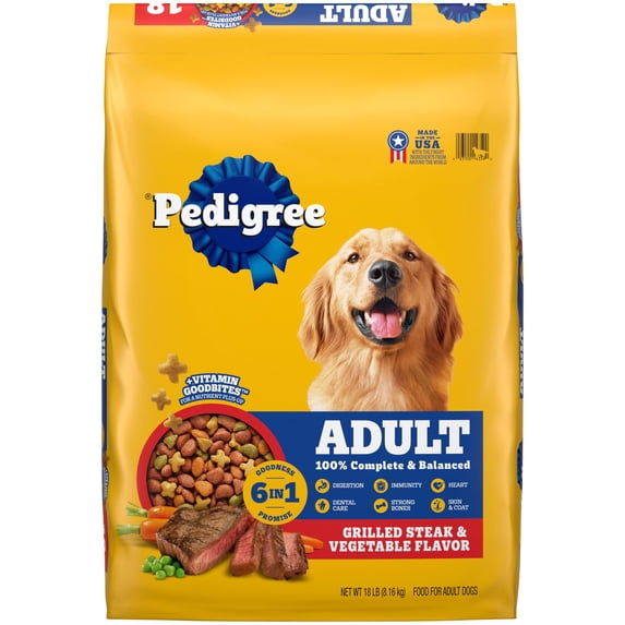 Pedigree High Protein Grilled Steak & Vegetable Flavor Adult Dry Dog Food, 18 lb Bag