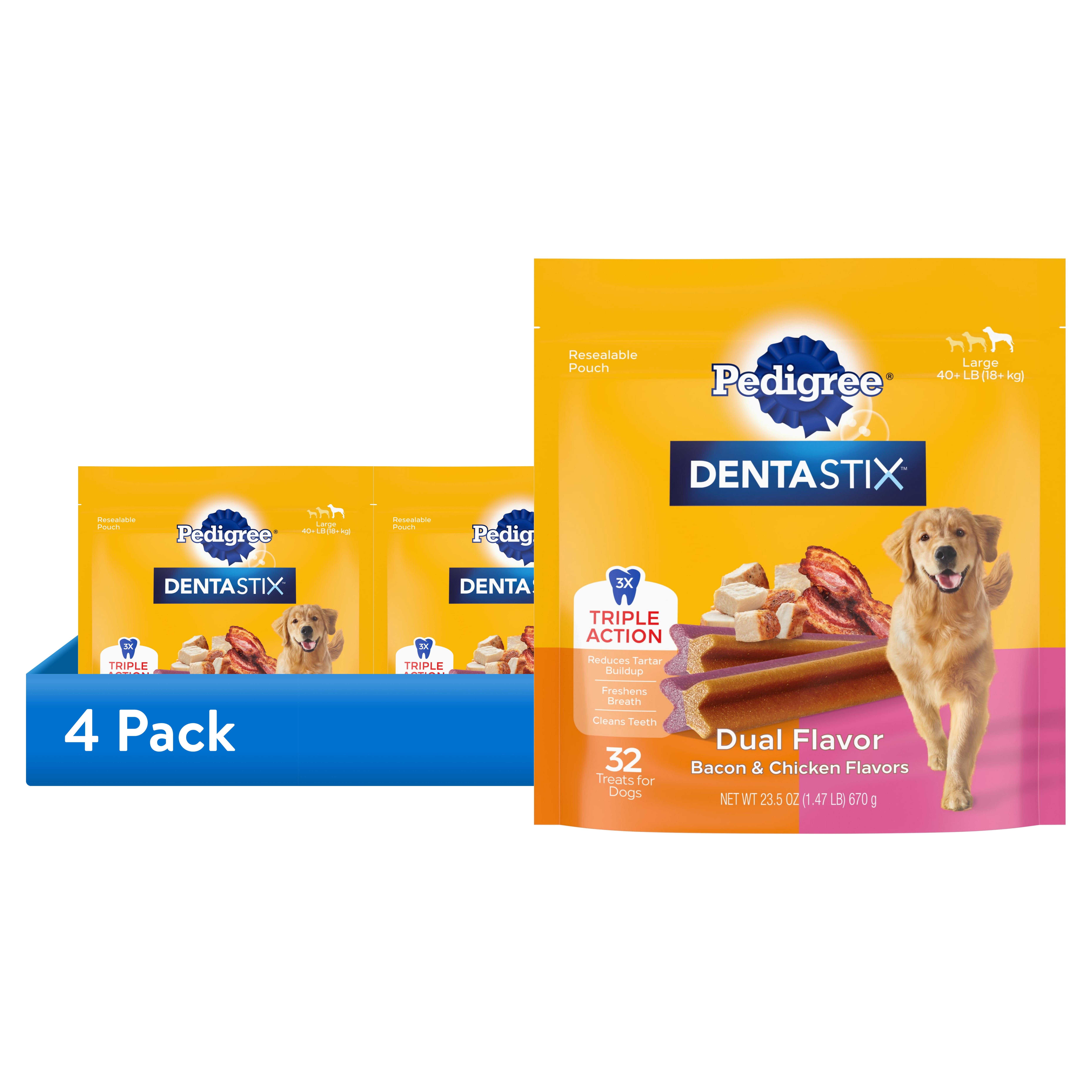 (4 pack) Pedigree Dentastix Bacon & Chicken Dual Flavor Large Breed Dog Treats, 1.47 Lb. Bag