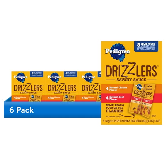 (6 pack) Pedigree Drizzlers Savory Sauce Multipack, 60g Twin Pouch, Pack of 6 (48 Pouches, 96 Servings)