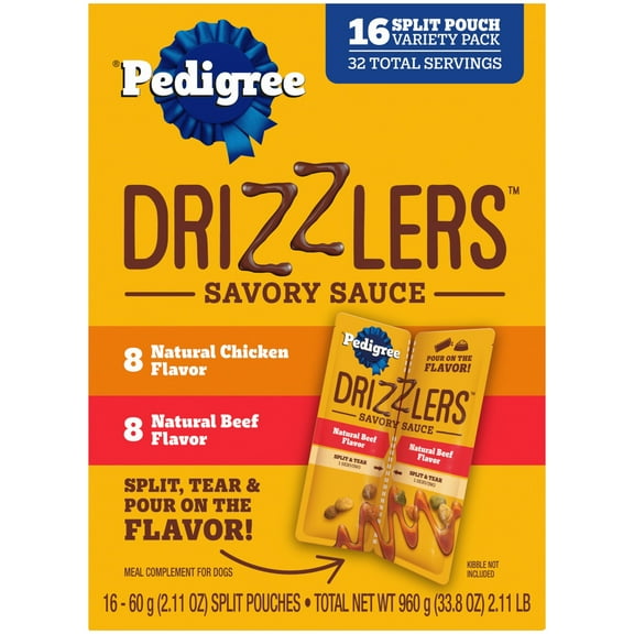 Pedigree Drizzlers Savory Sauce Multipack Wet Dog, 2.1 Oz Twin Pouches, 16-Pack
